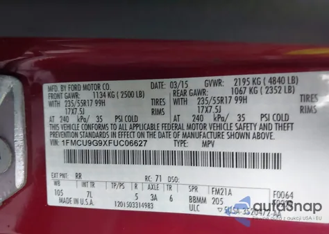 2015 Ford Escape Se z USA, uszkodzony, nr VIN 1FMCU9G9XFUC06627